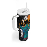 Hawaiian Halloween Tumbler With Handle Horror Shaka Hand with Plumeria and Polynesian Tattoo Autumn Color LT03 - Polynesian Pride