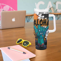 Hawaiian Halloween Tumbler With Handle Horror Shaka Hand with Plumeria and Polynesian Tattoo Autumn Color LT03 - Polynesian Pride