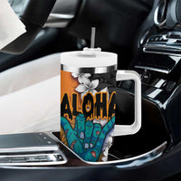 Hawaiian Halloween Tumbler With Handle Horror Shaka Hand with Plumeria and Polynesian Tattoo Autumn Color LT03 - Polynesian Pride
