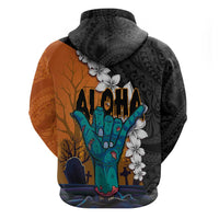 Hawaiian Halloween Zip Hoodie Horror Shaka Hand with Plumeria and Polynesian Tattoo Autumn Color LT03 - Polynesian Pride