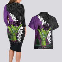 Hawaiian Halloween Couples Matching Long Sleeve Bodycon Dress and Hawaiian Shirt Horror Shaka Hand with Plumeria and Polynesian Tattoo Midnight Color LT03 - Polynesian Pride