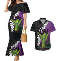Hawaiian Halloween Couples Matching Mermaid Dress and Hawaiian Shirt Horror Shaka Hand with Plumeria and Polynesian Tattoo Midnight Color LT03 Purple - Polynesian Pride