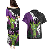 Hawaiian Halloween Couples Matching Puletasi and Hawaiian Shirt Horror Shaka Hand with Plumeria and Polynesian Tattoo Midnight Color LT03 - Polynesian Pride