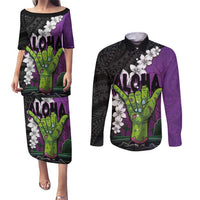 Hawaiian Halloween Couples Matching Puletasi and Long Sleeve Button Shirt Horror Shaka Hand with Plumeria and Polynesian Tattoo Midnight Color LT03 Purple - Polynesian Pride