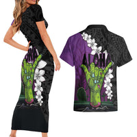Hawaiian Halloween Couples Matching Short Sleeve Bodycon Dress and Hawaiian Shirt Horror Shaka Hand with Plumeria and Polynesian Tattoo Midnight Color LT03 - Polynesian Pride
