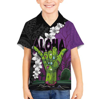 Hawaiian Halloween Family Matching Long Sleeve Bodycon Dress and Hawaiian Shirt Horror Shaka Hand with Plumeria and Polynesian Tattoo Midnight Color LT03 Son's Shirt Purple - Polynesian Pride