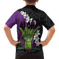 Hawaiian Halloween Family Matching Off Shoulder Maxi Dress and Hawaiian Shirt Horror Shaka Hand with Plumeria and Polynesian Tattoo Midnight Color LT03 - Polynesian Pride
