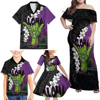 Hawaiian Halloween Family Matching Off Shoulder Maxi Dress and Hawaiian Shirt Horror Shaka Hand with Plumeria and Polynesian Tattoo Midnight Color LT03 - Polynesian Pride