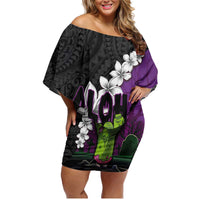 Hawaiian Halloween Family Matching Off Shoulder Short Dress and Hawaiian Shirt Horror Shaka Hand with Plumeria and Polynesian Tattoo Midnight Color LT03 Mom's Dress Purple - Polynesian Pride