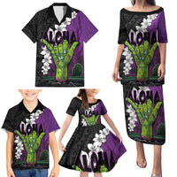 Hawaiian Halloween Family Matching Puletasi and Hawaiian Shirt Horror Shaka Hand with Plumeria and Polynesian Tattoo Midnight Color LT03 - Polynesian Pride