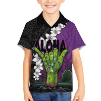 Hawaiian Halloween Family Matching Puletasi and Hawaiian Shirt Horror Shaka Hand with Plumeria and Polynesian Tattoo Midnight Color LT03 Son's Shirt Purple - Polynesian Pride