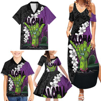Hawaiian Halloween Family Matching Summer Maxi Dress and Hawaiian Shirt Horror Shaka Hand with Plumeria and Polynesian Tattoo Midnight Color LT03 - Polynesian Pride