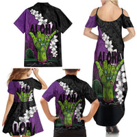 Hawaiian Halloween Family Matching Summer Maxi Dress and Hawaiian Shirt Horror Shaka Hand with Plumeria and Polynesian Tattoo Midnight Color LT03 - Polynesian Pride