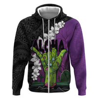Hawaiian Halloween Hoodie Horror Shaka Hand with Plumeria and Polynesian Tattoo Midnight Color LT03 Zip Hoodie Purple - Polynesian Pride