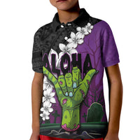 Hawaiian Halloween Kid Polo Shirt Horror Shaka Hand with Plumeria and Polynesian Tattoo Midnight Color LT03 Kid Purple - Polynesian Pride