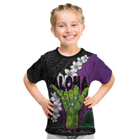 Hawaiian Halloween Kid T Shirt Horror Shaka Hand with Plumeria and Polynesian Tattoo Midnight Color LT03 Purple - Polynesian Pride