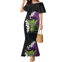 Hawaiian Halloween Mermaid Dress Horror Shaka Hand with Plumeria and Polynesian Tattoo Midnight Color LT03 Women Purple - Polynesian Pride