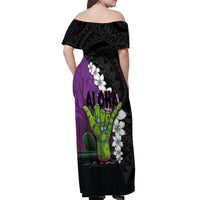 Hawaiian Halloween Off Shoulder Maxi Dress Horror Shaka Hand with Plumeria and Polynesian Tattoo Midnight Color LT03 - Polynesian Pride