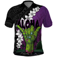 Hawaiian Halloween Polo Shirt Horror Shaka Hand with Plumeria and Polynesian Tattoo Midnight Color LT03 Purple - Polynesian Pride