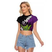 Hawaiian Halloween Raglan Cropped T Shirt Horror Shaka Hand with Plumeria and Polynesian Tattoo Midnight Color LT03 Female Purple - Polynesian Pride