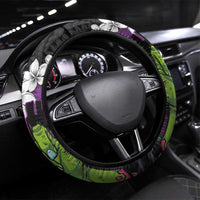 Hawaiian Halloween Steering Wheel Cover Horror Shaka Hand with Plumeria and Polynesian Tattoo Midnight Color LT03 Universal Fit Purple - Polynesian Pride