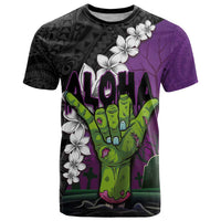 Hawaiian Halloween T Shirt Horror Shaka Hand with Plumeria and Polynesian Tattoo Midnight Color LT03 Purple - Polynesian Pride