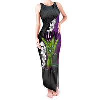 Hawaiian Halloween Tank Maxi Dress Horror Shaka Hand with Plumeria and Polynesian Tattoo Midnight Color LT03 Women Purple - Polynesian Pride