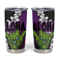 Hawaiian Halloween Tumbler Cup Horror Shaka Hand with Plumeria and Polynesian Tattoo Midnight Color LT03 Purple - Polynesian Pride