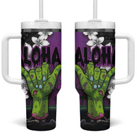 Hawaiian Halloween Tumbler With Handle Horror Shaka Hand with Plumeria and Polynesian Tattoo Midnight Color LT03 One Size: 40 oz Purple - Polynesian Pride
