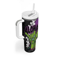 Hawaiian Halloween Tumbler With Handle Horror Shaka Hand with Plumeria and Polynesian Tattoo Midnight Color LT03 - Polynesian Pride