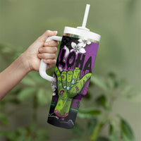 Hawaiian Halloween Tumbler With Handle Horror Shaka Hand with Plumeria and Polynesian Tattoo Midnight Color LT03 - Polynesian Pride