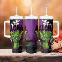 Hawaiian Halloween Tumbler With Handle Horror Shaka Hand with Plumeria and Polynesian Tattoo Midnight Color LT03 - Polynesian Pride