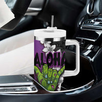 Hawaiian Halloween Tumbler With Handle Horror Shaka Hand with Plumeria and Polynesian Tattoo Midnight Color LT03 - Polynesian Pride
