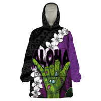 Hawaiian Halloween Wearable Blanket Hoodie Horror Shaka Hand with Plumeria and Polynesian Tattoo Midnight Color LT03 One Size Purple - Polynesian Pride