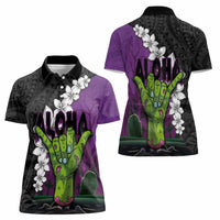 Hawaiian Halloween Women Polo Shirt Horror Shaka Hand with Plumeria and Polynesian Tattoo Midnight Color LT03 - Polynesian Pride