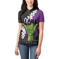 Hawaiian Halloween Women Polo Shirt Horror Shaka Hand with Plumeria and Polynesian Tattoo Midnight Color LT03 - Polynesian Pride