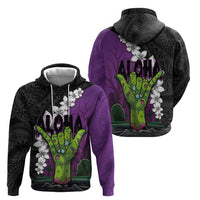 Hawaiian Halloween Zip Hoodie Horror Shaka Hand with Plumeria and Polynesian Tattoo Midnight Color LT03 - Polynesian Pride