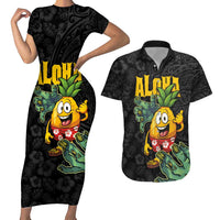 Hawaiian Halloween Couples Matching Short Sleeve Bodycon Dress and Hawaiian Shirt Aloha Pinapple with Mysterious Hands and Polynesian Tribal Tattoo LT03 Black - Polynesian Pride