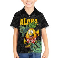 Hawaiian Halloween Family Matching Off The Shoulder Long Sleeve Dress and Hawaiian Shirt Aloha Pinapple with Mysterious Hands and Polynesian Tribal Tattoo LT03 Son's Shirt Black - Polynesian Pride