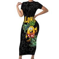 Hawaiian Halloween Family Matching Short Sleeve Bodycon Dress and Hawaiian Shirt Aloha Pinapple with Mysterious Hands and Polynesian Tribal Tattoo LT03 Mom's Dress Black - Polynesian Pride