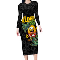 Hawaiian Halloween Long Sleeve Bodycon Dress Aloha Pinapple with Mysterious Hands and Polynesian Tribal Tattoo LT03 Long Dress Black - Polynesian Pride
