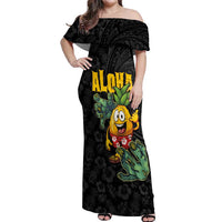 Hawaiian Halloween Off Shoulder Maxi Dress Aloha Pinapple with Mysterious Hands and Polynesian Tribal Tattoo LT03 Women Black - Polynesian Pride