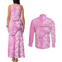 Hawaii Kauai Island Couples Matching Tank Maxi Dress and Long Sleeve Button Shirts Hibiscus Pattern Seamless Tribal Simple Pink LT03 - Polynesian Pride