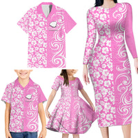 Custom Hawaii Kauai Island Family Matching Long Sleeve Bodycon Dress and Hawaiian Shirt Hibiscus Pattern Seamless Tribal Simple Pink LT03 - Polynesian Pride
