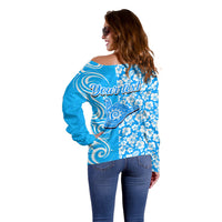 Custom Hawaii Kauai Island Off Shoulder Sweater Hibiscus Pattern Seamless Tribal Simple Blue LT03 - Polynesian Pride