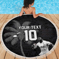 Custom Fiji Rugby Pacific Champions 2024 Beach Blanket Anniversary 7 Titles - Fijians Rugby and Tapa Hibiscus Black Art LT03 - Polynesian Pride