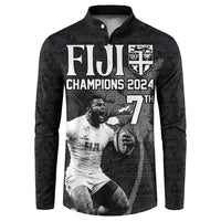 Custom Fiji Rugby Pacific Champions 2024 Button Sweatshirt Anniversary 7 Titles - Fijians Rugby and Tapa Hibiscus Black Art LT03 Black - Polynesian Pride