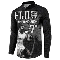 Custom Fiji Rugby Pacific Champions 2024 Button Sweatshirt Anniversary 7 Titles - Fijians Rugby and Tapa Hibiscus Black Art LT03 - Polynesian Pride