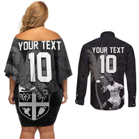 Custom Fiji Rugby Pacific Champions 2024 Couples Matching Off Shoulder Short Dress and Long Sleeve Button Shirt Anniversary 7 Titles - Fijians Rugby and Tapa Hibiscus Black Art LT03 - Polynesian Pride