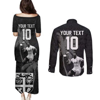 Custom Fiji Rugby Pacific Champions 2024 Couples Matching Puletasi and Long Sleeve Button Shirt Anniversary 7 Titles - Fijians Rugby and Tapa Hibiscus Black Art LT03 - Polynesian Pride